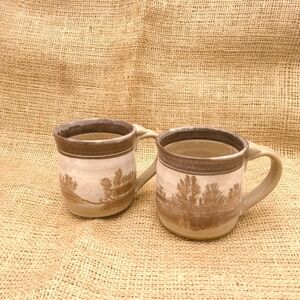 Rustic Pottery Mugs Brown and Cream with a delightful scenic decoration